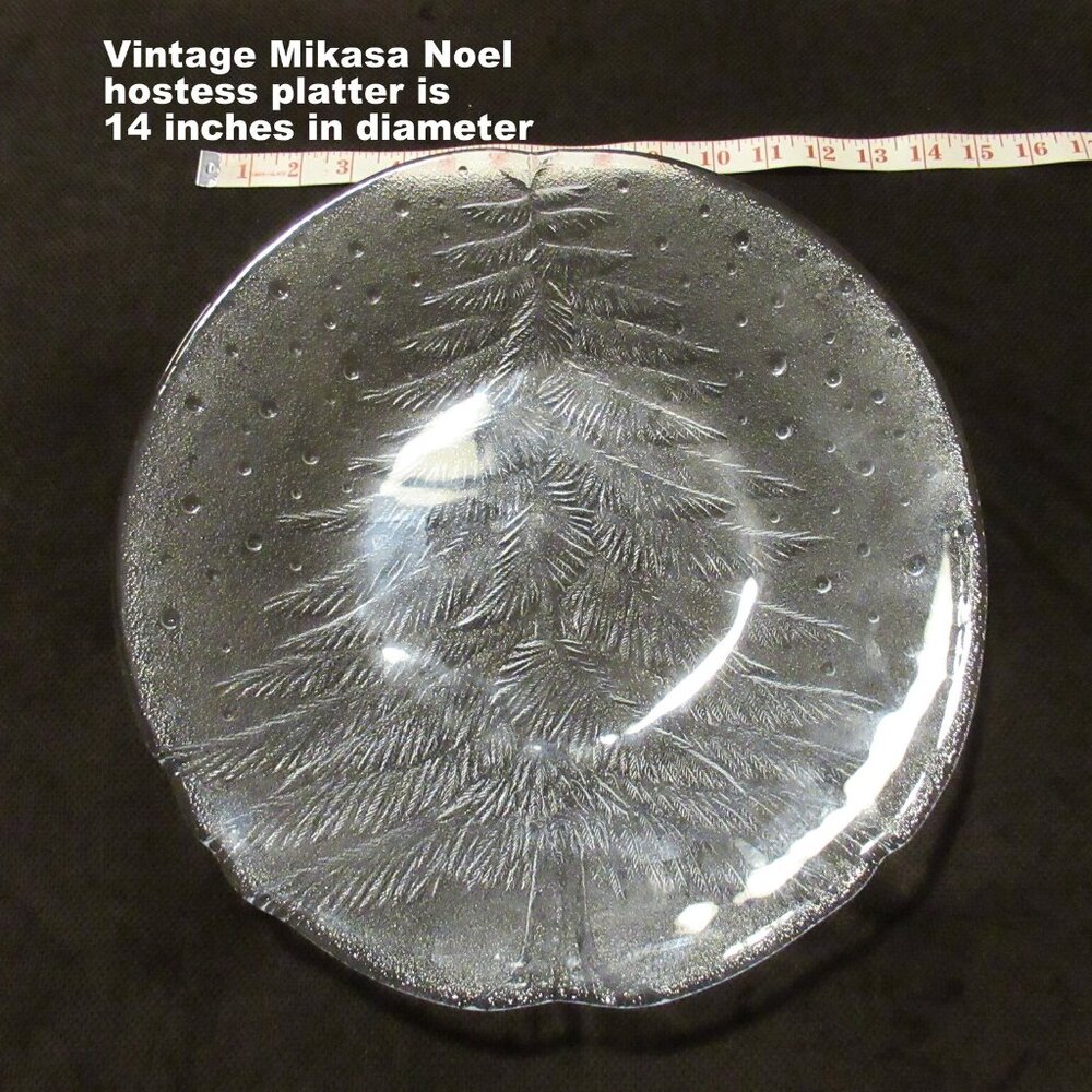 Mikasa Noel glass hostess serving tray, W/ original box, 14 inches round, VTG